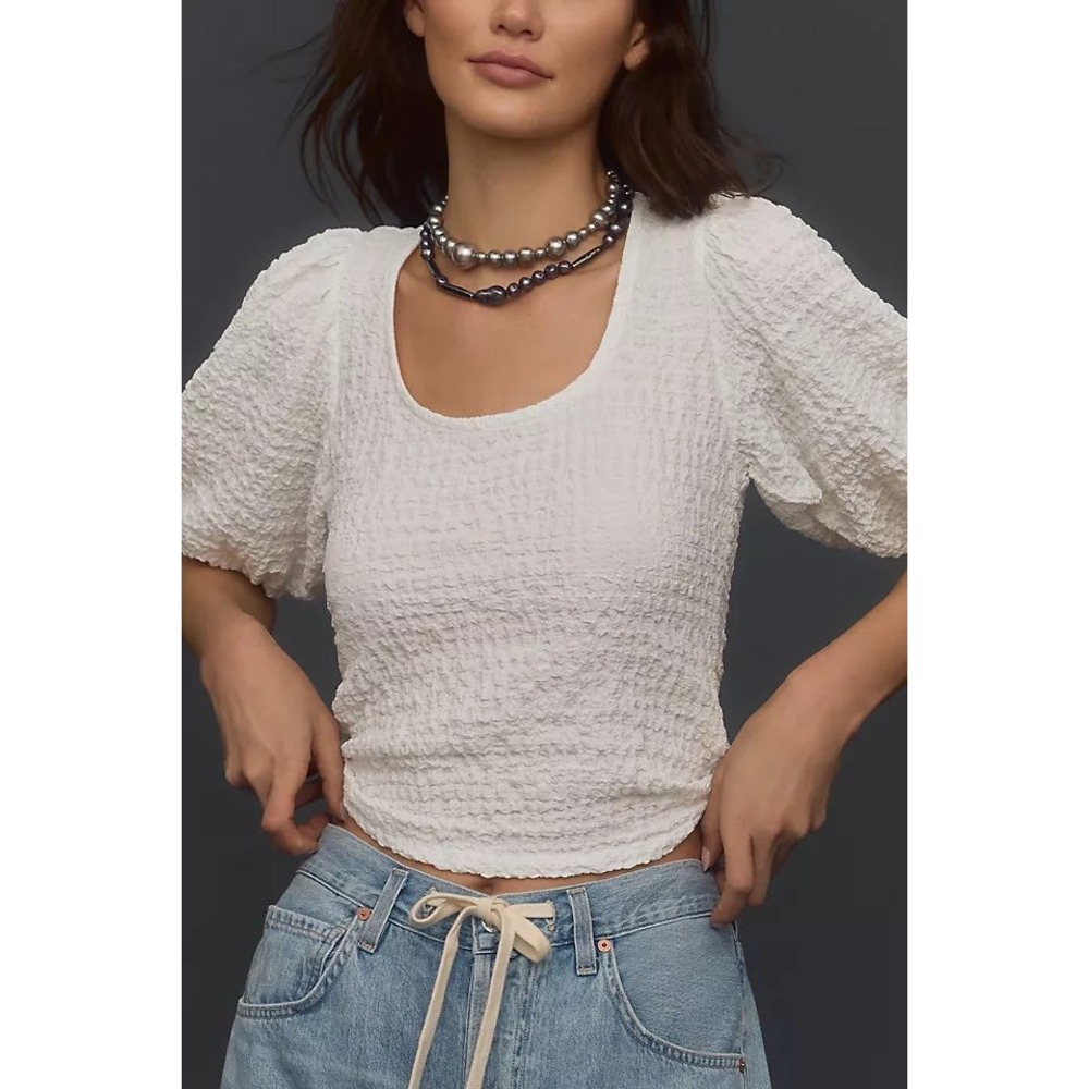 Maeve Anthropologie White Textured Balloon Sleeve Scoop Neck Popcorn Top Small
